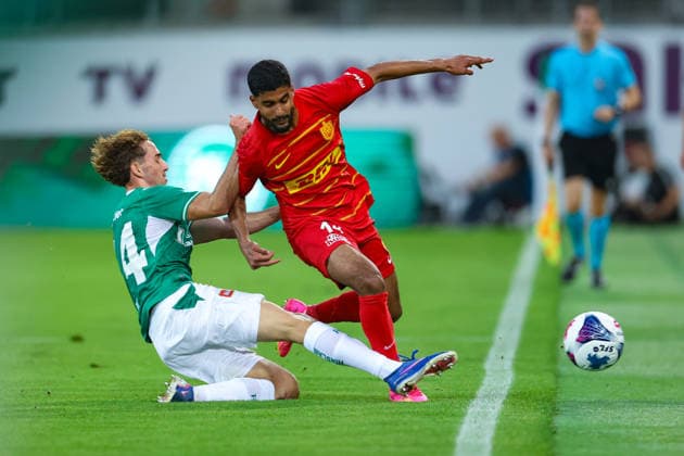 27. August 2026, Fussball, UEFA Conference League, Play-off, Rückspiel, FC St. Gallen 1879 vs. FC Nordsjaelland, Berit Sitterstadion, St. Gallen, Schweiz Joel Ruiz (74, FC St. Gallen 1879, li.) gegen Ibrahim Adel (14, FC Nordsjaelland) im Zweikampf Photo: Urs Ottiger *** August 27, 2026, Soccer, UEFA Conference League, Playoffs, Second Leg, FC St. Gallen 1879 vs. FC Nordsjaelland, Berit Sitter Stadium, St. Gallen, Switzerland; Joel Ruiz 74, FC St. Gallen 1879 (left) against Ibrahim Adel (14), FC Nordsjælland, in a tackle. Photo by Urs Ottiger