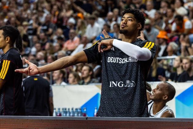 August 27, 2026, GER, FIBA 2027 Basketball World Cup, European Qualifiers Cologne, Germany vs. Turkey; Kostja Mushidi of Germany celebrates on the 29th at the LANXESS Arena in Cologne, North Rhine-Westphalia, Germany