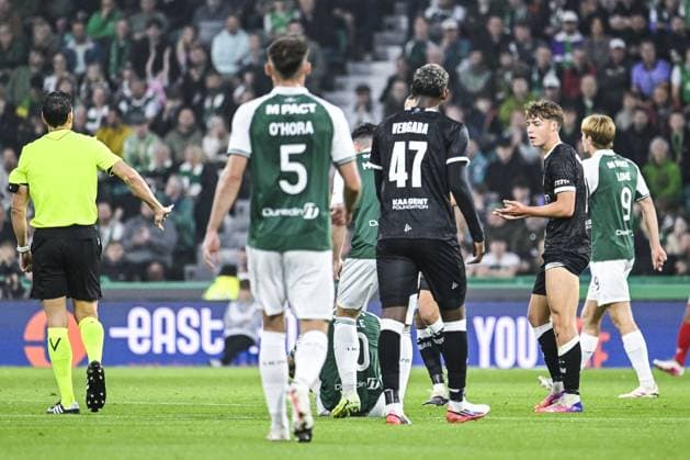 Gent s Tibe De Vlieger reacts during a soccer game between Scottish team Hibernian FC and Belgian soccer team KAA Gent, Thursday 27 August 2026 in Edinburgh, on the return leg of the play-off round for the UEFA Conference League league phase. TOMxGOYVAERT  x184509174x