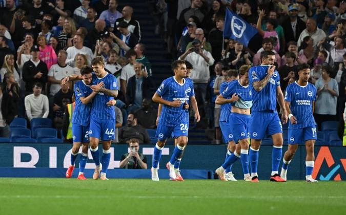 Maxim De Cuyper of Brighton celebrates after he scores Brighton s second goal during the Europa Conference League Qualifying match between Brighton and Hove Albion and Tromso at the American Express Stadium, Brighton UK - Thursday 27th August 2026 Brighton v Tromso Europa Conference League 2026, Amex Stadium, Sussex, UK - 27 Aug 2026Brighton Amex Stadium Sussex United Kingdom Editorial use only. No merchandising. For Football images FA and Premier League restrictions apply inc. no internet mobile usage without FAPL license - for details contact Football Dataco  Copyright: xLizxFinlayson TPI Shutterstockx 17121964ar