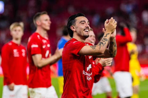 August 27, 2026: Niklas Castro of Brann celebrates after the UEFA Conference League playoff match between Brann and PAOK on August 27, 2026 in Bergen. Photo by Marius Simensen, BILDBYRAN COP 238 bbeng brann football fotball fotboll paok play-off skb soccer uecl uefa conference league  Copyright: MARIUSxSIMENSEN BB260827BB973