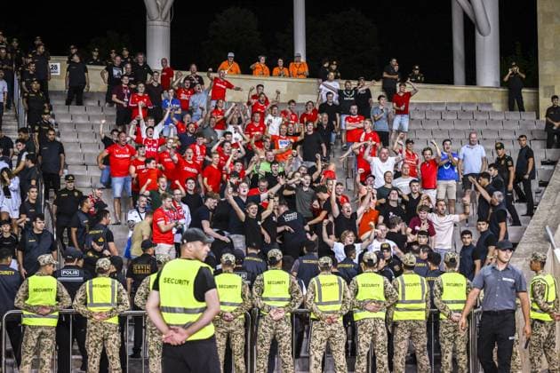 BAKU - FC Twente supporters celebrate the 1-4 during the UEFA Conference League play-off match between Qarabag FK and FC Twente at the Tofiq Bahramov Republican Stadium on August 27, 2026, in Baku, Azerbaijan. ROMAN ISMAILOV ANP xVIxANPxSportx xxANPxIVx 566388791 originalFilename: 566388791.jpg