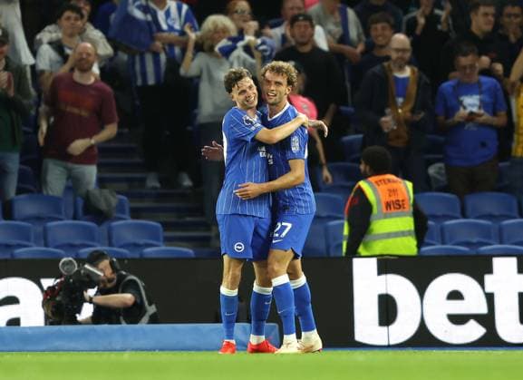 UEFA Conference League Qualification Play Off 2nd Leg - Brighton & Hove Albion v Tromso BRIGHTON, ENGLAND, AUGUST 27: GOAL 3-0, Mats Wieffer of Brighton & Hove Albion goal celebration with Maxim De Cuyper of Brighton & Hove Albion after scoring a goal to make the score 3-0 during the UEFA Conference League Qualification Play Off 2nd Leg match between Brighton & Hove Albion v Tromso at The AMEX Community Stadium, Brighton on 27 August. (Photo by Daniel Weir) Brighton AMEX Community Stadium United Kingdom Copyright: xDanielxWeir SportsxPressxPhotox Sportspressphoto_SPR217263