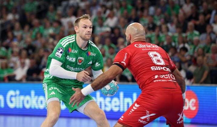Mathias Gidsel with the ball, Adrian Sipos in a tackle; game scene, action, sports, handball, HBL Bundesliga Men s Division 1, Matchday 1, 2026–2027 season, August 27, 2026, Füchse Berlin vs. MT Melsungen