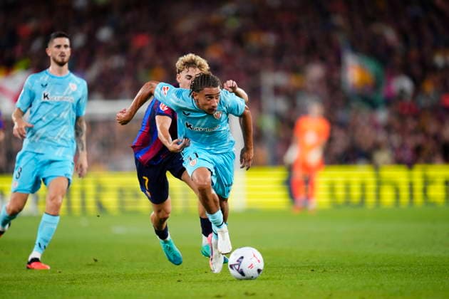 FC Barcelona, Barca v Athletic Club - LaLiga EA Sports 2026 27 Johaneko of Athletic Club and and Fermin Lopez central midfield of Barcelona and Spain compete for the ball during the La Liga EA Sports 2026 27 match between FC Barcelona and Athletic Club at Spotify Camp Nou on August 27, 2026 in Barcelona, Spain. Barcelona Spain  Copyright: xJosexBretonx originalFilename:bretonhernandez-fcbarcel260827_npYTx.jpg