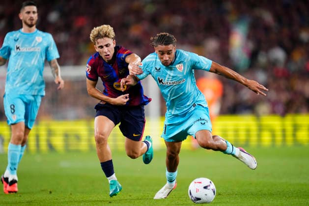FC Barcelona, Barca v Athletic Club - LaLiga EA Sports 2026 27 Johaneko of Athletic Club and and Fermin Lopez central midfield of Barcelona and Spain compete for the ball during the La Liga EA Sports 2026 27 match between FC Barcelona and Athletic Club at Spotify Camp Nou on August 27, 2026 in Barcelona, Spain. Barcelona Spain  Copyright: xJosexBretonx originalFilename:bretonhernandez-fcbarcel260827_npNaX.jpg
