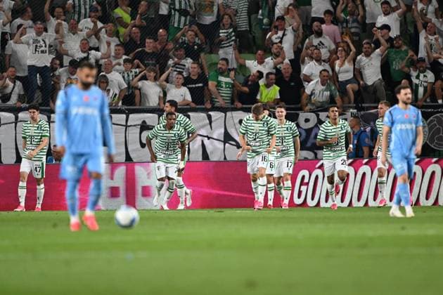 Ferencvaros v Trabzonspor - UEFA Europa League BUDAPEST, HUNGARY - AUGUST 27: Ferencvaros players celebrate after scoring a goal during the UEFA Europa League play-off second-leg match between Ferencvaros and Trabzonspor at Groupama Stadium in Budapest, Hungary on August 27, 2026. Hakan Burak Altunoz Anadolu Budapest Hungary. Editorial use only. Please get in touch for any other usage.  Copyright: x2026xAnadoluxHakanxBurakxAltunozx