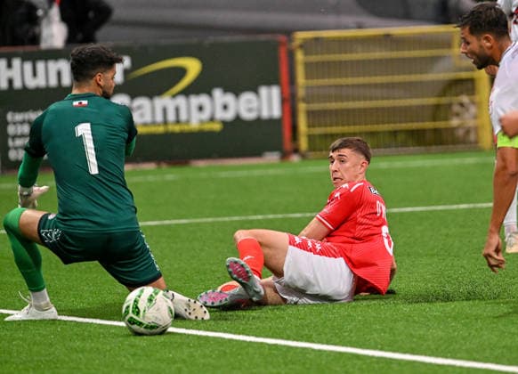 UEFA Europa Conference League Play-off Second Leg, Inver Park, Antrim 27 8 2026 Larne vs Lincoln Red Imps Larne™s Paul O Neill with Imp™s Nauzet Santana Paul O Neill with Nauzet Santana 27 8 2026  Copyright: xx Larne v Imps-013