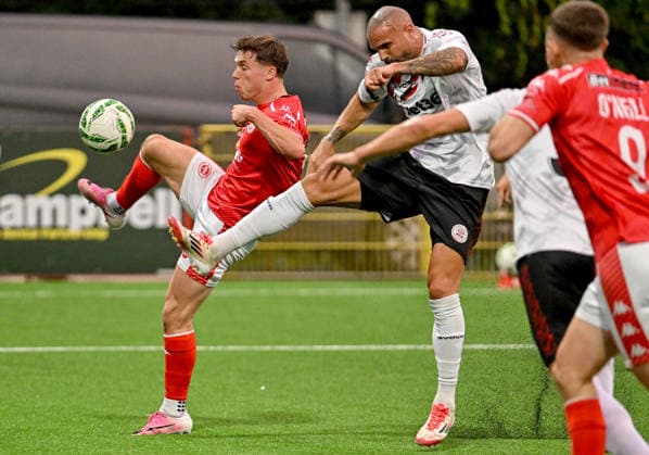 UEFA Europa Conference League Play-off Second Leg, Inver Park, Antrim 27 8 2026 Larne vs Lincoln Red Imps Larne™s Matty Lusty with Imp™s Mariano Gonzalez Maroto Matty Lusty with Mariano Gonzalez Maroto 27 8 2026  Copyright: xx Larne v Imps-016