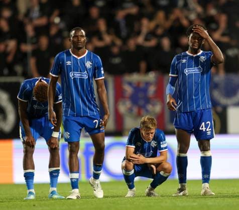 Rangers players look dejected during UEFA Conference League playoff round second leg match at Chance Arena, Jablonec. FK Jablonec v Rangers - UEFA Conference League - Chance Arena, Czech - 27 Aug 2026Jablonec Chance Arena Czech Republic EDITORIAL USE ONLY  Copyright: xRangersxFC Shutterstockx 17121543dl