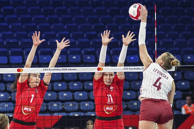 Latvia v Hungary - CEV EuroVolley 2026 ISTANBUL, TURKIYE - AUGUST 27: Marta Levinska (4) of Latvia in action against Paula Neciporuka (11) of Hungary during the CEV EuroVolley 2026 Women Group A match between Poland and Germany at Sinan Erdem Dome in Istanbul, Turkiye on August 27, 2026. Agit Erdi Ulukaya Anadolu Istanbul Turkey. Editorial use only. Please get in touch for any other usage.  Copyright: x2026xAnadoluxAgitxErdixUlukayax