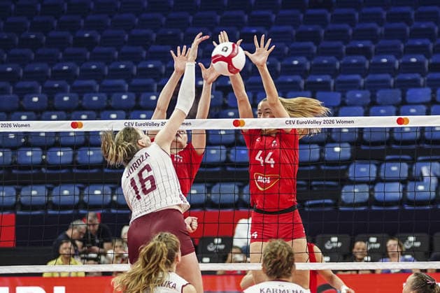 Latvia v Hungary - CEV EuroVolley 2026 ISTANBUL, TURKIYE - AUGUST 27: Anija Jurdza (16) of Latvia in action against Zsofia Csereklye (44) of Hungary during the CEV EuroVolley 2026 Women Group A match between Poland and Germany at Sinan Erdem Dome in Istanbul, Turkiye on August 27, 2026. Agit Erdi Ulukaya Anadolu Istanbul Turkey. Editorial use only. Please get in touch for any other usage.  Copyright: x2026xAnadoluxAgitxErdixUlukayax