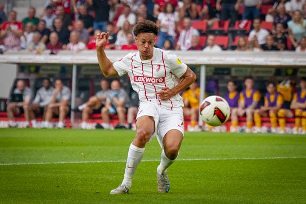 Germany UEFA Conference League Qualifiers: SC Freiburg vs. FC Motherwell, Playoffs 2026–2027, Europa-Park Stadium, Freiburg; Derry Scherhant (SC Freiburg), 7 on the ball, facial expressions, emotions Copyright: xJOERANxSTEINSIEKx