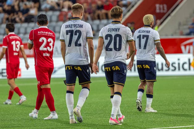 Robert Gumny (20) celebrating after scoring goals with Mateusz Skrzypczak (72) seen during UEFA Europa League 26 27 4th qualifying round 2ed leg match between teams of FC Thun and Lech Poznan (Benjamin Faes Ball Raw Images) Thun Stockhorn Arena Switzerland Copyright: xBenjaminxFaesx BenjaminFaes_FCTvLPO-15