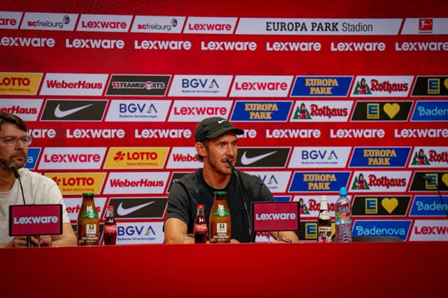 Germany UEFA Conference League Qualifiers: SC Freiburg vs. FC Motherwell, 2026–2027 Playoffs, Europa-Park Stadium, Freiburg; Julian Schuster, Head Coach; SC Freiburg Press Conference; Media Copyright: xJOERANxSTEINSIEKx