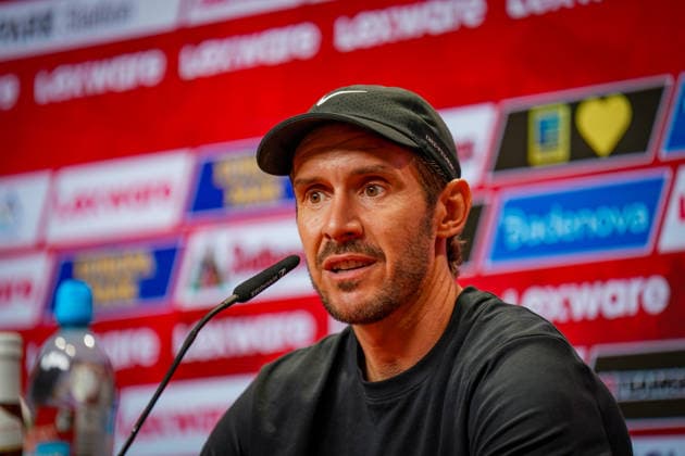 Germany UEFA Conference League Qualifiers: SC Freiburg vs. FC Motherwell, 2026–2027 Playoffs, Europa-Park Stadium, Freiburg; Julian Schuster, Head Coach; SC Freiburg Press Conference; Media Copyright: xJOERANxSTEINSIEKx