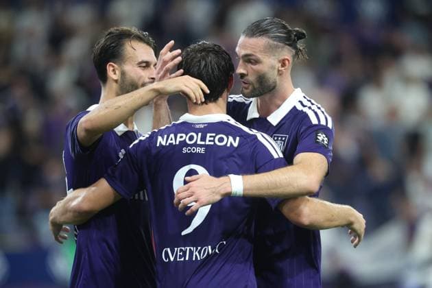 Anderlecht s Mihajlo Cvetkovic pictured celebrating after a goal during a soccer game between Belgian soccer team RSC Anderlecht and Kazakh Kairat Almaty, Thursday 27 August 2026 in Brussels, in on the return leg of the play-off round for the UEFA Europa League phase. VIRGINIExLEFOUR  x0865068700stx