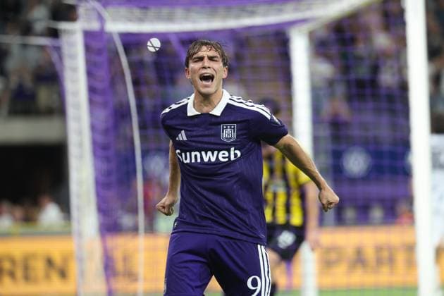 Anderlecht s Mihajlo Cvetkovic pictured celebrating after a goal during a soccer game between Belgian soccer team RSC Anderlecht and Kazakh Kairat Almaty, Thursday 27 August 2026 in Brussels, in on the return leg of the play-off round for the UEFA Europa League phase. VIRGINIExLEFOUR  x0865068715stx