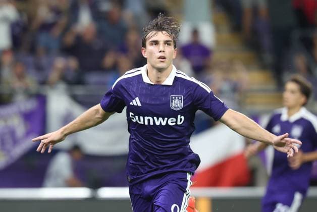 Anderlecht s Mihajlo Cvetkovic pictured celebrating after a goal during a soccer game between Belgian soccer team RSC Anderlecht and Kazakh Kairat Almaty, Thursday 27 August 2026 in Brussels, in on the return leg of the play-off round for the UEFA Europa League phase. VIRGINIExLEFOUR  x0865068736stx