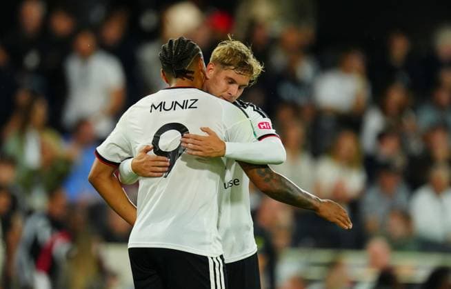 Rodrigo Muniz of Fulham celebrates scoring a goal after making it 2-0 with fellow scorer Emile Smith Rowe Fulham v AFC Wimbledon, EFL Carabao Cup, Second Round, Football, Craven Cottage, London, UK - 27 Aug 2026London Craven Cottage United Kingdom EDITORIAL USE ONLY No use with unauthorised audio, video, data, fixture lists, club league logos or live services. Online in-match use limited to 120 images, no video emulation. No use in betting, games or single club league player publications.  Copyright: xJavierxGarcia Shutterstockx 17118946ao