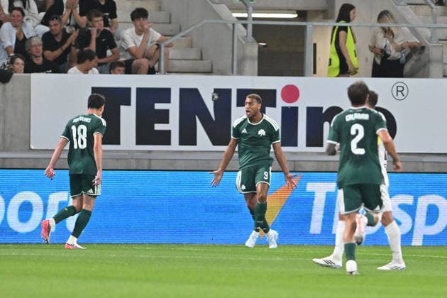 Football Conference League second leg of 4th qualifying round match: FC Hradec Kralove vs Panathinaikos Athens in Hradec Kralove, Czech Republic, August 27, 2026. Football players of Panathinaikos Athens celebrate goal. (CTKxPhoto JosefxVostarek) CTKPhotoP2026082708088  CTKPhotoP2026082708088