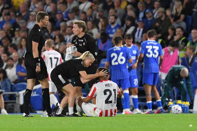 Brighton and Hove Albion v Tromso, UEFA Conference League Head injury to Leon Hien Defender of Tromso IL during the UEFA Conference League match between Brighton and Hove Albion and Tromso at the American Express Stadium, Brighton and Hove, UK on 27 August 2026. Brighton and Hove American Express Stadium East Sussex UK Editorial use only , Copyright: xJeffxMoodx PSI-24752-0044