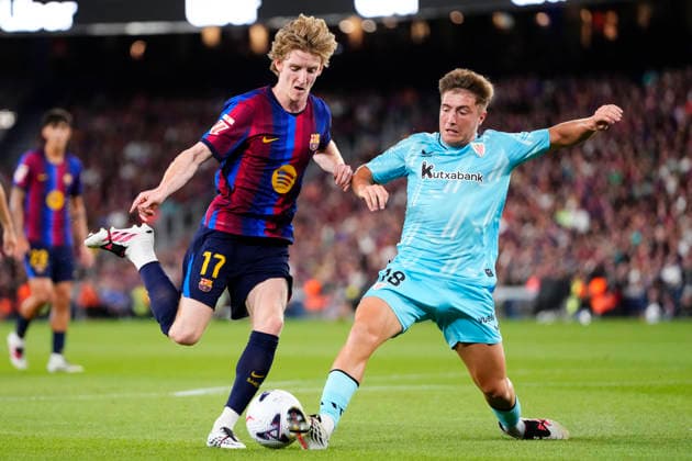 FC Barcelona, Barca v Athletic Club - LaLiga EA Sports 2026 27 Anthony Gordon left winger of Barcelona and England and Mikel Jauregizar central midfielder of Athletic Club and Spain compete for the ball during the La Liga EA Sports 2026 27 match between FC Barcelona and Athletic Club at Spotify Camp Nou on August 27, 2026 in Barcelona, Spain. Barcelona Spain  Copyright: xJosexBretonx originalFilename:bretonhernandez-fcbarcel260827_np7Cp.jpg