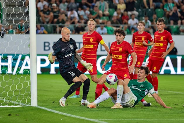 August 27, 2026, Soccer, UEFA Conference League, Playoffs, Second Leg, FC St. Gallen 1879 vs. FC Nordsjælland, Berit Sitter Stadium, St. Gallen, Switzerland Lukas Görtler 16, FC St. Gallen 1879 up against a wall Photo by Urs Ottiger