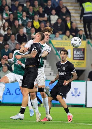 Hibernian v K.A.A. Gent UEFA Europa Conference League Nathan Lowe of Hibernian wins a header against Siebe Van Der Heyden of K.A.A. Gent during the UEFA Europa Conference League Play-Off Second Leg match at Easter Road, Edinburgh 27 08 2026 UK Newspapers OUT Copyright: xFredxPalmerx FIL-23844-0052