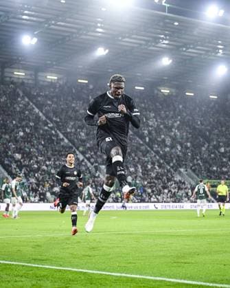 Gent s Josue Vergara celebrates after scoring during a soccer game between Scottish team Hibernian FC and Belgian soccer team KAA Gent, Thursday 27 August 2026 in Edinburgh, on the return leg of the play-off round for the UEFA Conference League league phase. TOMxGOYVAERT  x184514291x