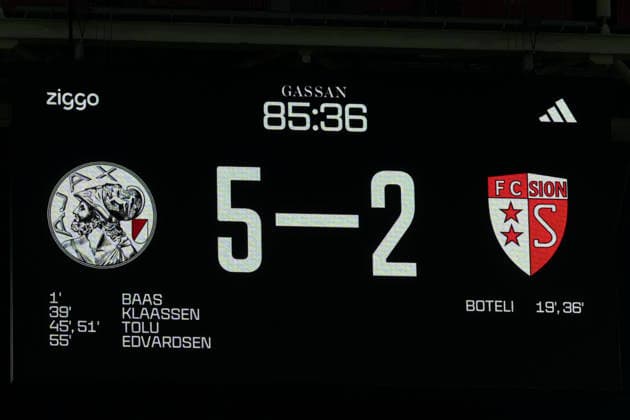 AMSTERDAM: The scoreboard showing 5–2 during the UEFA Conference League match at the Johan Cruijff ArenA on August 27, 2026, in Amsterdam, the Netherlands. Photo by DeFodi Images