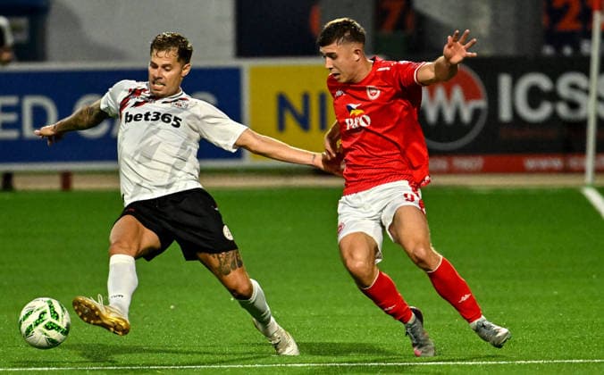 UEFA Europa Conference League Play-off Second Leg, Inver Park, Antrim 27 8 2026 Larne vs Lincoln Red Imps Larne™s Paul O Neill with Imp™s Armando Sosa Pena Paul O Neill with Armando Sosa Pena 27 8 2026  Copyright: xx Larne v Imps-024