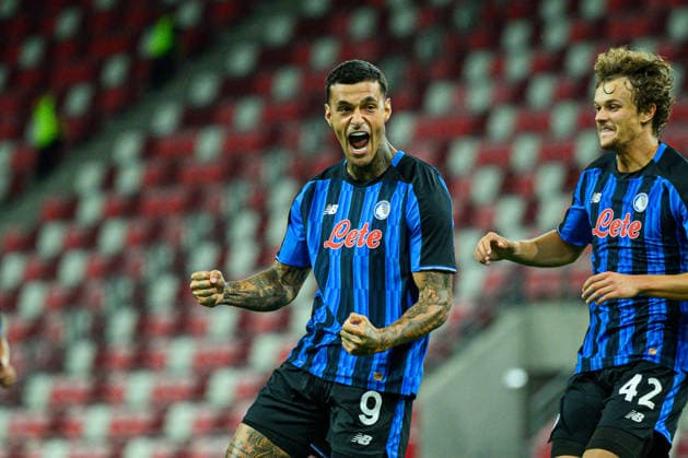 Gianluca Scamacca seen celebrating goal during UEFA Conference League 2026 27 4th qualifying round 2nd leg match between teams of Hapoel Tel Aviv and Atalanta BC in Miskolc, Hungary (Tomasz Karczewski Ball Raw Images) Miskolc DVTK Stadium Hungary Copyright: xTomaszxKarczewskix tomaszkarczewski_hapoel_atalanta_2627_TK2_5347