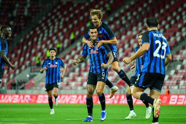 Gianluca Scamacca seen celebrating goal with Giorgio Scalvini during UEFA Conference League 2026 27 4th qualifying round 2nd leg match between teams of Hapoel Tel Aviv and Atalanta BC in Miskolc, Hungary (Tomasz Karczewski Ball Raw Images) Miskolc DVTK Stadium Hungary Copyright: xTomaszxKarczewskix tomaszkarczewski_hapoel_atalanta_2627_TK2_5353
