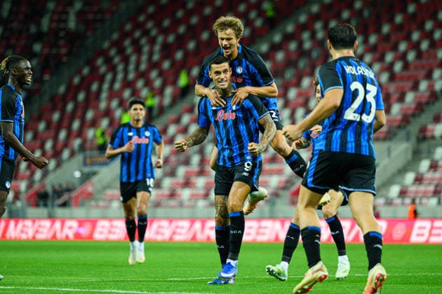 Gianluca Scamacca seen celebrating goal with Giorgio Scalvini during UEFA Conference League 2026 27 4th qualifying round 2nd leg match between teams of Hapoel Tel Aviv and Atalanta BC in Miskolc, Hungary (Tomasz Karczewski Ball Raw Images) Miskolc DVTK Stadium Hungary Copyright: xTomaszxKarczewskix tomaszkarczewski_hapoel_atalanta_2627_TK2_5354