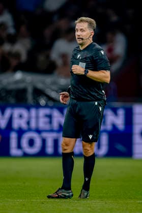 AMSTERDAM: Referee Julian Weinberger during the UEFA Conference League match at the Johan Cruijff ArenA on August 27, 2026, in Amsterdam, the Netherlands. Photo by DeFodi Images