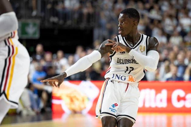 Dennis SCHROEDER SCHRÖDER GER, 17, celebrates a three-pointer; joy, celebration, gesture; single frame, individual play, action; basketball international match, World Cup qualifier, Germany (GER) vs. Netherlands (NED), final score 99–83, FIBA Basketball World Cup European Qualifiers, 2nd Round, Group K, on August 27, 2026, at the Lanxess Arena in Cologne