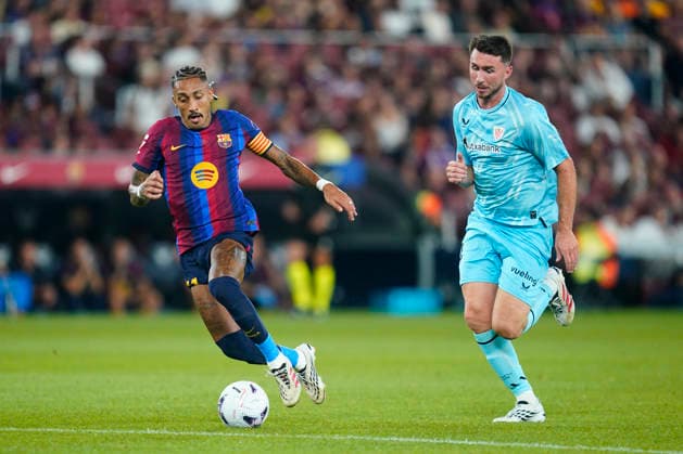 ESP: FC Barcelona, Barca - Athletic Club. La Liga EA Sports. Matchday 1. Raphael Dias Belloli Raphinha of FC Barcelona and Aymeric Laporte of Athletic Club during the La Liga EA Sports match between FC Barcelona and Athletic Club de Bilbao played at Spotify Camp Nou Stadium on 27 Aug 2026 in Barcelona, Spain. kpng Copyright: xSergioxRuizx xPRESSINPHOTOx PS_2627_BAR_ATH_049