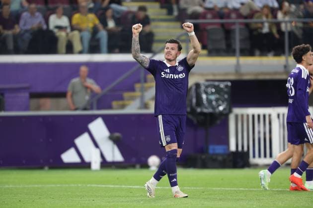 Anderlecht s Giulian Biancone celebrates after scoring during a soccer game between Belgian soccer team RSC Anderlecht and Kazakh Kairat Almaty, Thursday 27 August 2026 in Brussels, in on the return leg of the play-off round for the UEFA Europa League phase. VIRGINIExLEFOUR  x0865073801stx