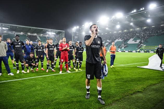 Gent s Matties Volckaert celebrates after winning a soccer game between Scottish team Hibernian FC and Belgian soccer team KAA Gent, Thursday 27 August 2026 in Edinburgh, on the return leg of the play-off round for the UEFA Conference League league phase. TOMxGOYVAERT  x184518438x