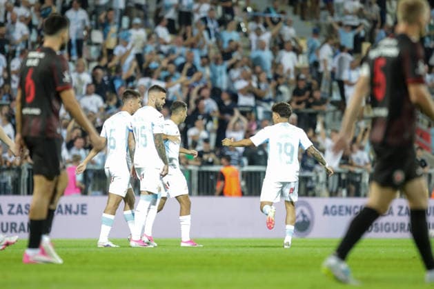 HNK Rijeka v Midtjylland - UEFA Conference League 2026 27 Play Off Round Second Leg RIJEKA, CROATIA - AUGUST 27: Branko Pavic, Ante Majstorovic and Ante Orec of HNK Rijeka celebrate after team s goal during the UEFA Conference League 2026 27 Play Off Round Second Leg match between HNK Rijeka and FC Midtjylland at Stadion HNK Rijeka on August 27, 2026 in Rijeka, Croatia.  GoranxKovacic PIXSELL