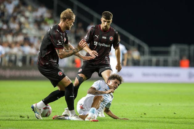 HNK Rijeka v Midtjylland - UEFA Conference League 2026 27 Play Off Round Second Leg RIJEKA, CROATIA - AUGUST 27: Magnus Jensen and Adam Gabriel of FC Midtjylland and Samuele Vignato of HNK Rijeka during the UEFA Conference League 2026 27 Play Off Round Second Leg match between HNK Rijeka and FC Midtjylland at Stadion HNK Rijeka on August 27, 2026 in Rijeka, Croatia.  GoranxKovacic PIXSELL