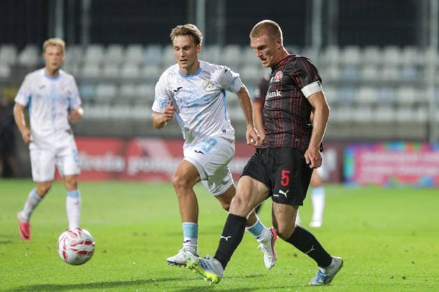 HNK Rijeka v Midtjylland - UEFA Conference League 2026 27 Play Off Round Second Leg RIJEKA, CROATIA - AUGUST 27: Toni Fruk of HNK Rijeka and Rasmus Nissen Kristensen of FC Midtjylland compete for a ball during the UEFA Conference League 2026 27 Play Off Round Second Leg match between HNK Rijeka and FC Midtjylland at Stadion HNK Rijeka on August 27, 2026 in Rijeka, Croatia.  GoranxKovacic PIXSELL