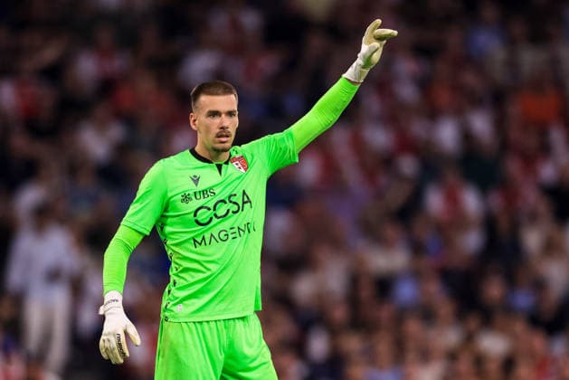 AMSTERDAM, NETHERLANDS - AUGUST 27: FC Sion goalkeeper Anthony Racioppi gestures during the UEFA Conference League 2026 27 Play Off Round Second Leg match between AFC Ajax and FC Sion at the Johan Cruijff ArenA on August 27, 2026 in Amsterdam, Netherlands.  Copyright: xRenexNijhuis MBxMediax
