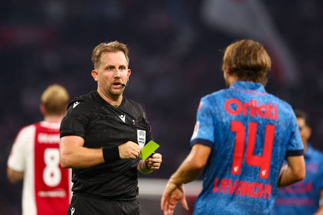 AMSTERDAM, NETHERLANDS - AUGUST 27: referee Julian Weinberger, Numa Lavanchy of FC Sion during the UEFA Conference League match between Ajax and FC Sion at Johan Cruijff Arena on August 27, 2026 in Amsterdam, Netherlands.  Copyright: xMTB MBxMediax