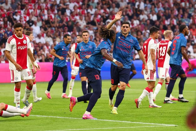 AMSTERDAM, NETHERLANDS - AUGUST 27: Winsley Boteli of FC Sion, Rilind Nivokazi of FC Sion celebrating the 1-1 during the UEFA Conference League match between Ajax and FC Sion at Johan Cruijff Arena on August 27, 2026 in Amsterdam, Netherlands.  Copyright: xMTB MBxMediax