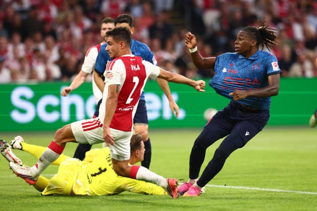AMSTERDAM, NETHERLANDS - AUGUST 27: goalkeeper Marc Andre ter Stegen of Ajax, Lucas Rosa of Ajax, Winsley Boteli of FC Sion during the UEFA Conference League match between Ajax and FC Sion at Johan Cruijff Arena on August 27, 2026 in Amsterdam, Netherlands.  Copyright: xMTB MBxMediax