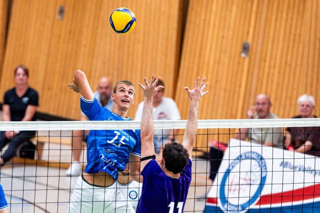 August 27, 2026, GER, Volleyball, Men, Season 26–27, 2nd Division South vs. 1st Division, Exhibition Match, Blue Volleys Gotha vs. Cerebricks Volley Goats Mitteldeutschland, Hannes Krausse (Blue Volleys Gotha), 4, Nick Breitenbach (Cerebricks Volley Goats Mitteldeutschland), 99867 Gotha, Ernesti Sports Complex, Thuringia, Germany