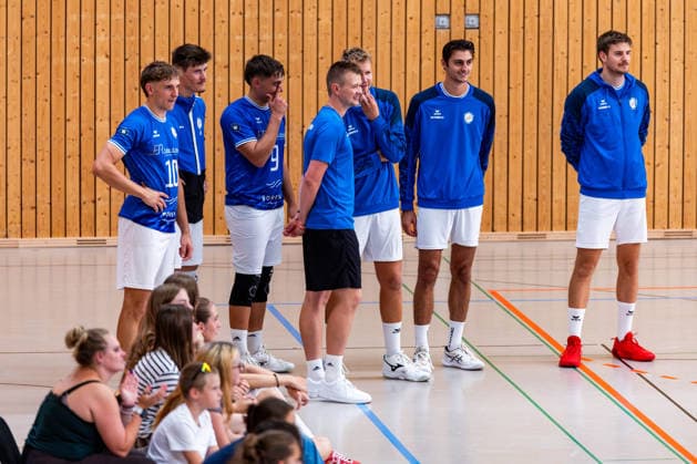 August 27, 2026, GER, Volleyball, Men, Season 26–27, 2nd Division South vs. 1st Division, Exhibition Match, Blue Volleys Gotha vs. Cerebricks Volley Goats Mitteldeutschland Robert Werner, Blue Volleys Gotha, coach on exchange with Justus Krausse, Blue Volleys Gotha, 1, Lauritz Jastrow, Blue Volleys Gotha, 10, Tim Wagner, Blue Volleys Gotha, 11, Jean Filippidis, Blue Volleys Gotha, 6, Franz Aron Stueckrad, Blue Volleys Gotha, 9, Robin Stolle, Blue Volleys Gotha, 8, 99867 Gotha Sports Hall, Ernesti Sports Complex, Thuringia, Germany