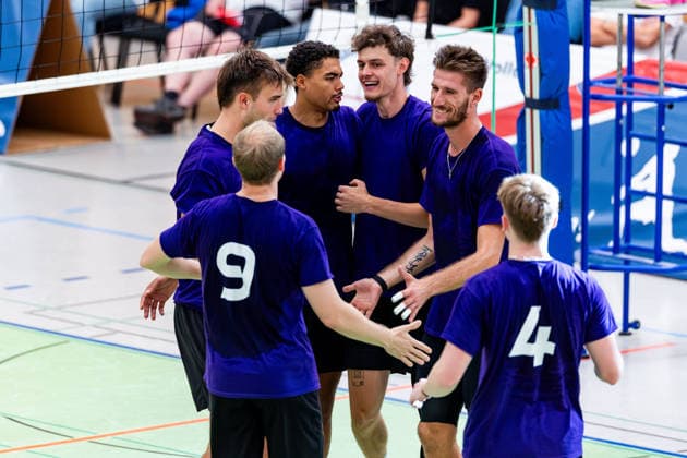 August 27, 2026, GER, Volleyball, Men, Season 26–27, 2nd Division South vs. 1st Division, Exhibition Match, Blue Volleys Gotha vs. Cerebricks Volley Goats Mitteldeutschland. Cheers for the Cerebricks Volley Goats Mitteldeutschland team. 99867 Gotha, Ernesti Sports Complex, Thuringia, Germany